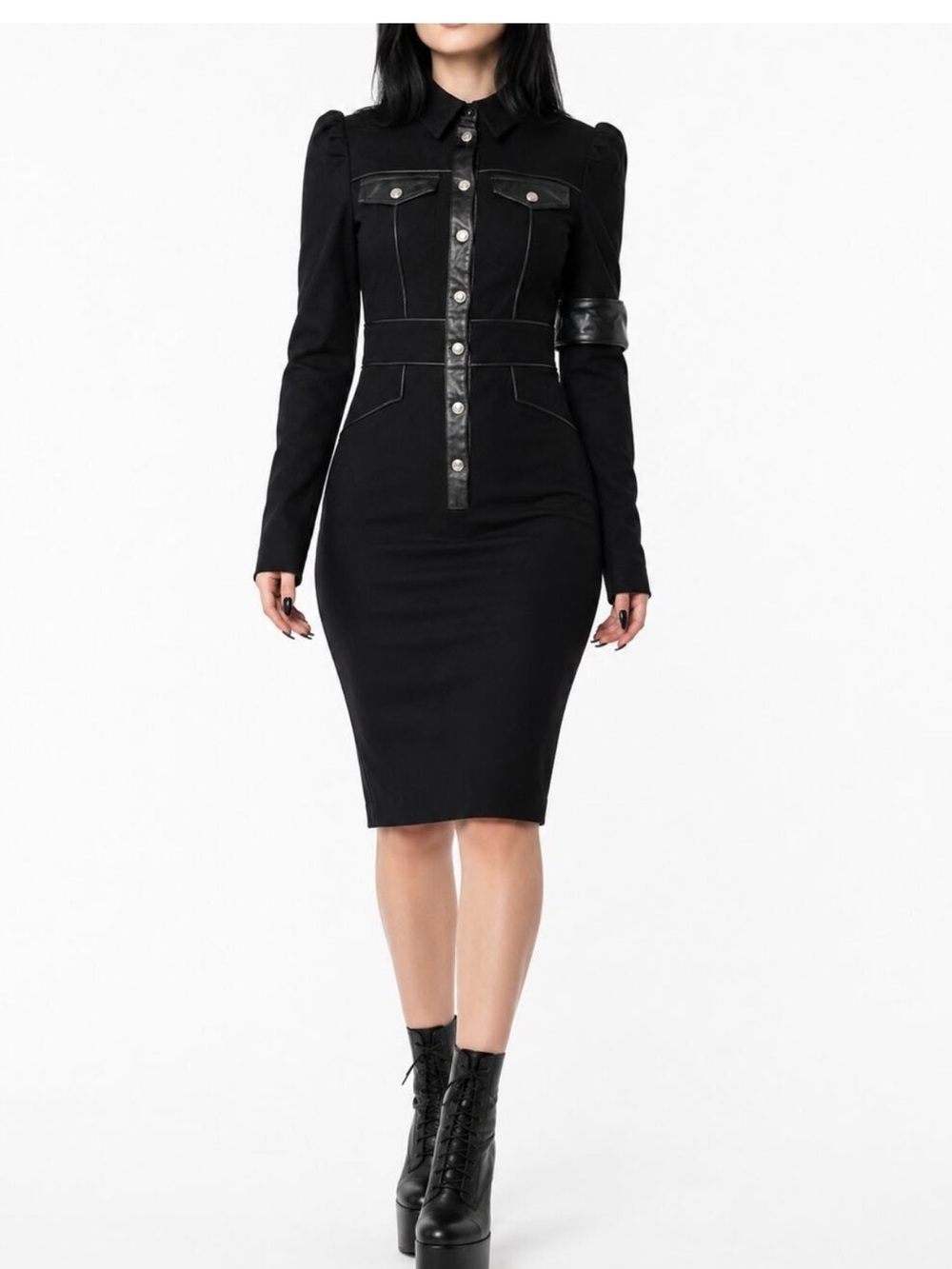 KILLSTAR Midi Dress Army Of Darkness Leather Trim Long Sleeve Military Gothic